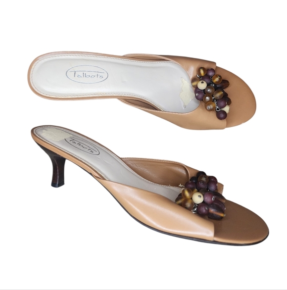 Talbots Shoes - Talbots Beaded Tan Leather Kitten Heel Mules - Size 8B